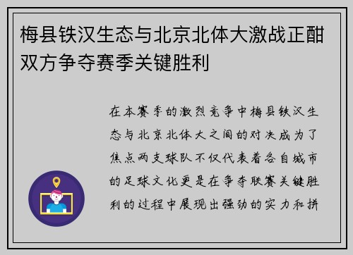 梅县铁汉生态与北京北体大激战正酣双方争夺赛季关键胜利